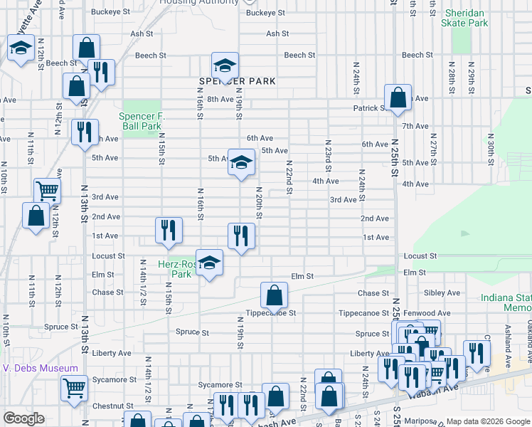 map of restaurants, bars, coffee shops, grocery stores, and more near 1101-1199 North 20th Street in Terre Haute