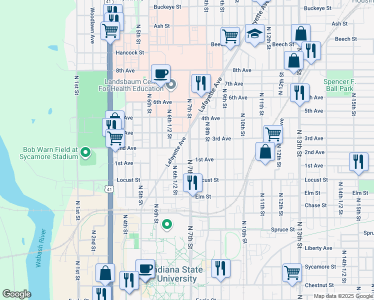 map of restaurants, bars, coffee shops, grocery stores, and more near 674 Lafayette Avenue in Terre Haute