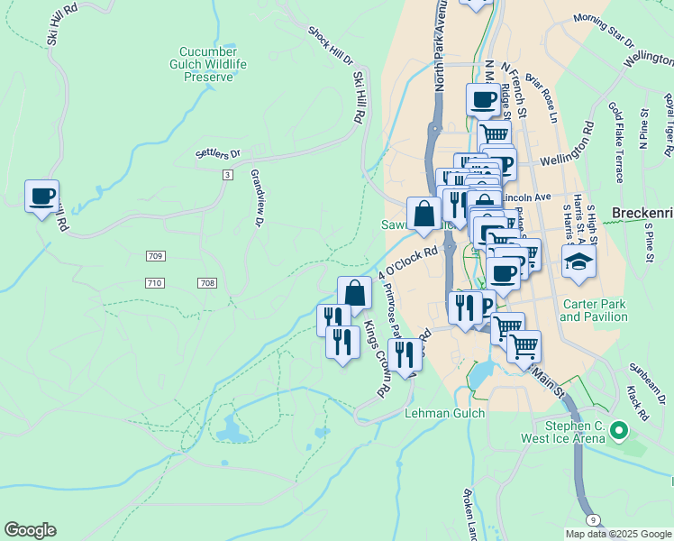 map of restaurants, bars, coffee shops, grocery stores, and more near 149 Sawmill Road in Breckenridge