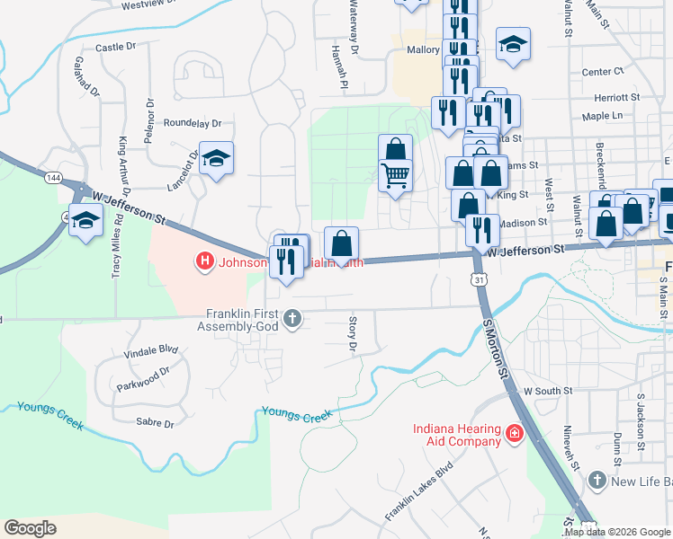map of restaurants, bars, coffee shops, grocery stores, and more near 1037 West Jefferson Street in Franklin