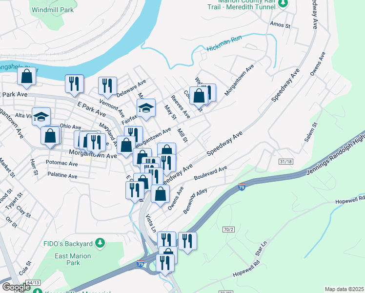 map of restaurants, bars, coffee shops, grocery stores, and more near 216 Mill Street in Fairmont