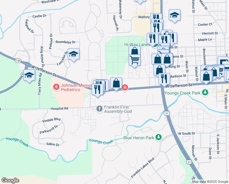 map of restaurants, bars, coffee shops, grocery stores, and more near 1037 West Jefferson Street in Franklin