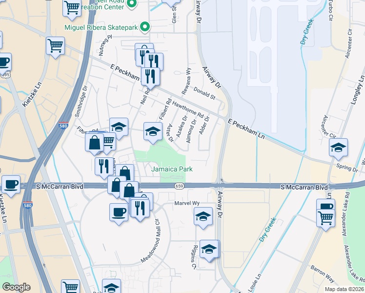 map of restaurants, bars, coffee shops, grocery stores, and more near 4650 Aster Drive in Reno