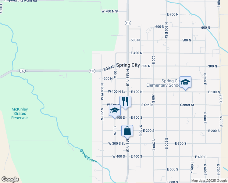 map of restaurants, bars, coffee shops, grocery stores, and more near 116 West 100 North Street in Spring City