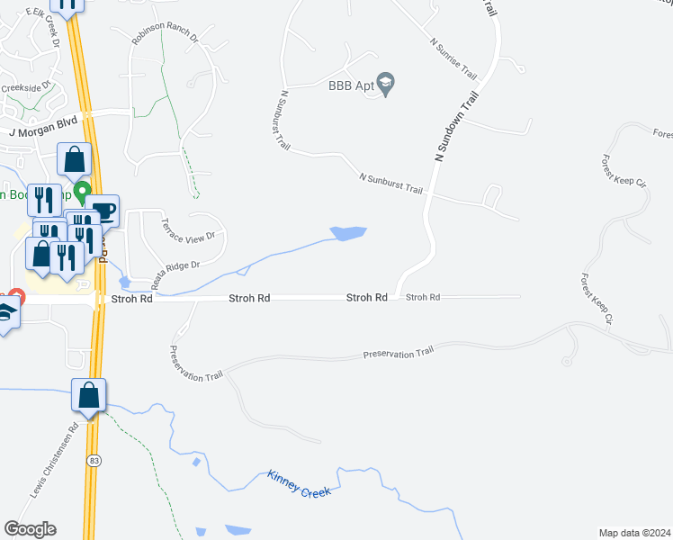 map of restaurants, bars, coffee shops, grocery stores, and more near 7501 Stroh Road in Parker