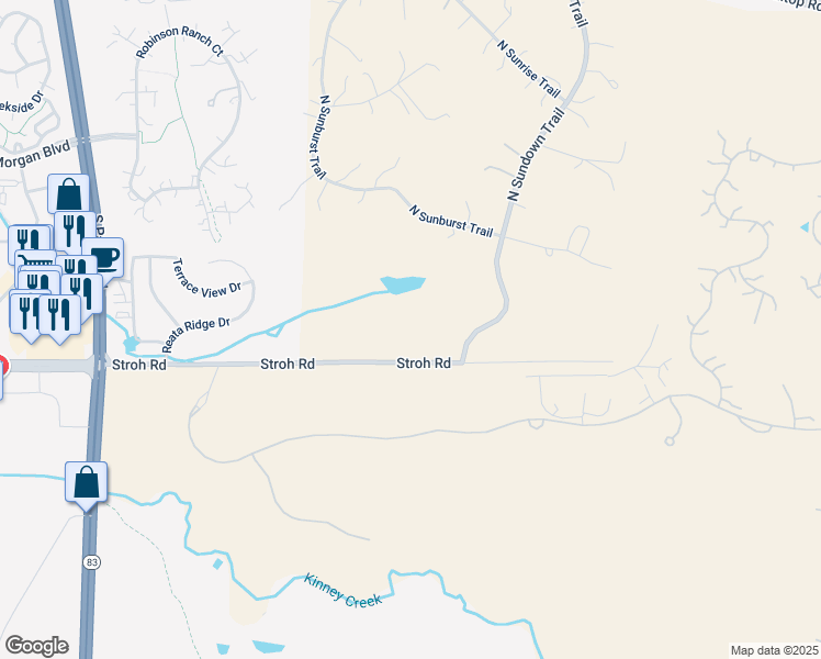 map of restaurants, bars, coffee shops, grocery stores, and more near 7501 Stroh Road in Parker