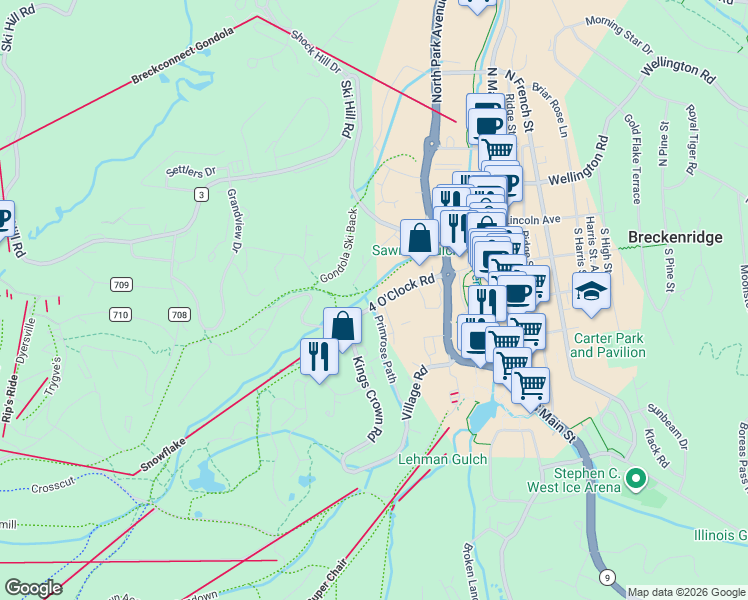 map of restaurants, bars, coffee shops, grocery stores, and more near 500 4 O Clock Road in Breckenridge