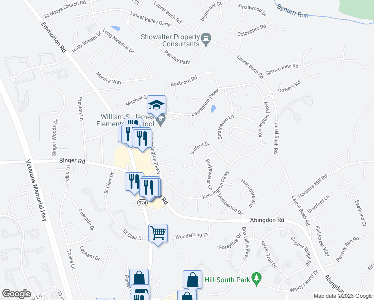 map of restaurants, bars, coffee shops, grocery stores, and more near 2932 Carlyle Court in Abingdon