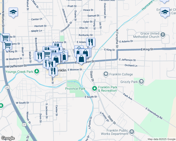 map of restaurants, bars, coffee shops, grocery stores, and more near 503 East Monroe Street in Franklin