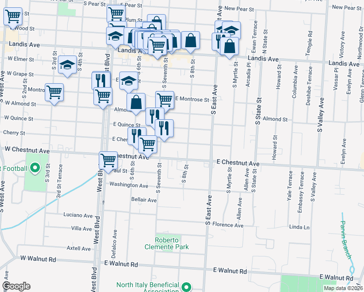 map of restaurants, bars, coffee shops, grocery stores, and more near 520 South 8th Street in Vineland