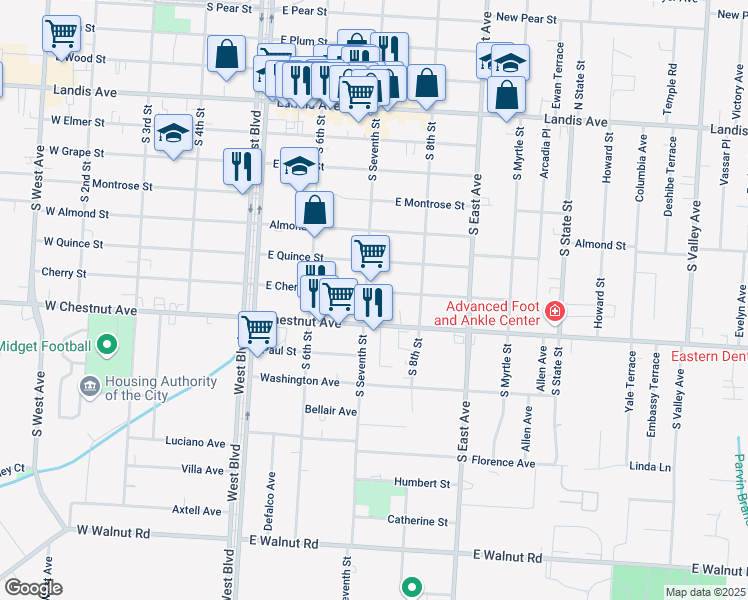 map of restaurants, bars, coffee shops, grocery stores, and more near 710 East Cherry Street in Vineland