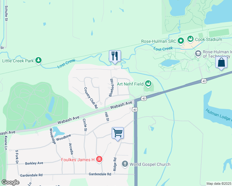 map of restaurants, bars, coffee shops, grocery stores, and more near 118 Bluebird Hill in Terre Haute