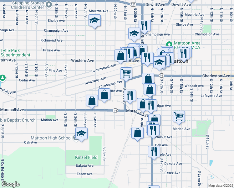 map of restaurants, bars, coffee shops, grocery stores, and more near 2100-2126 Lafayette Ave in Mattoon