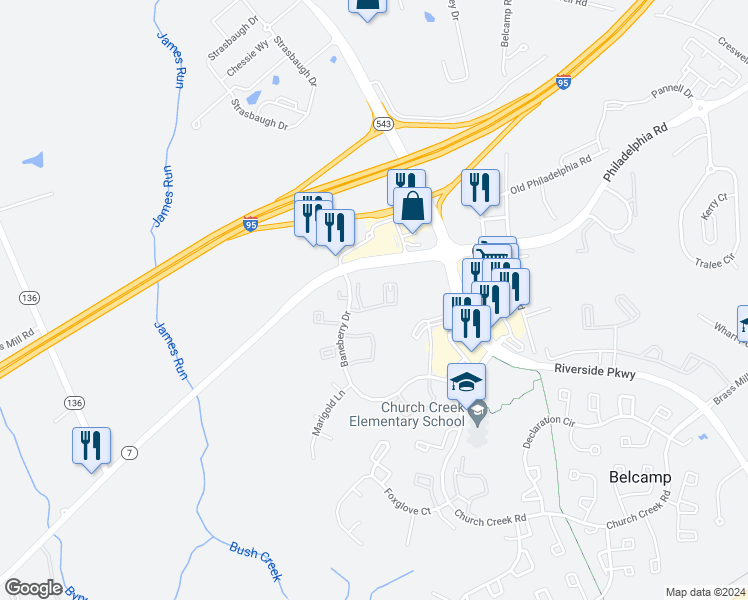 map of restaurants, bars, coffee shops, grocery stores, and more near 1455 Golden Rod Court in Belcamp