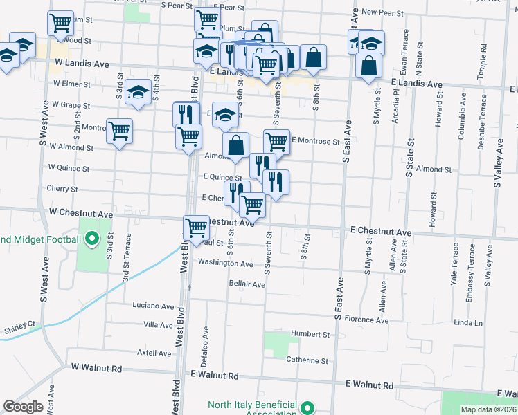 map of restaurants, bars, coffee shops, grocery stores, and more near 632 East Cherry Street in Vineland