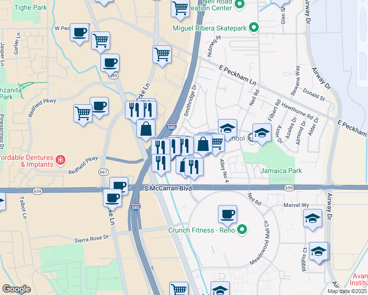 map of restaurants, bars, coffee shops, grocery stores, and more near 630 Smithridge Drive in Reno