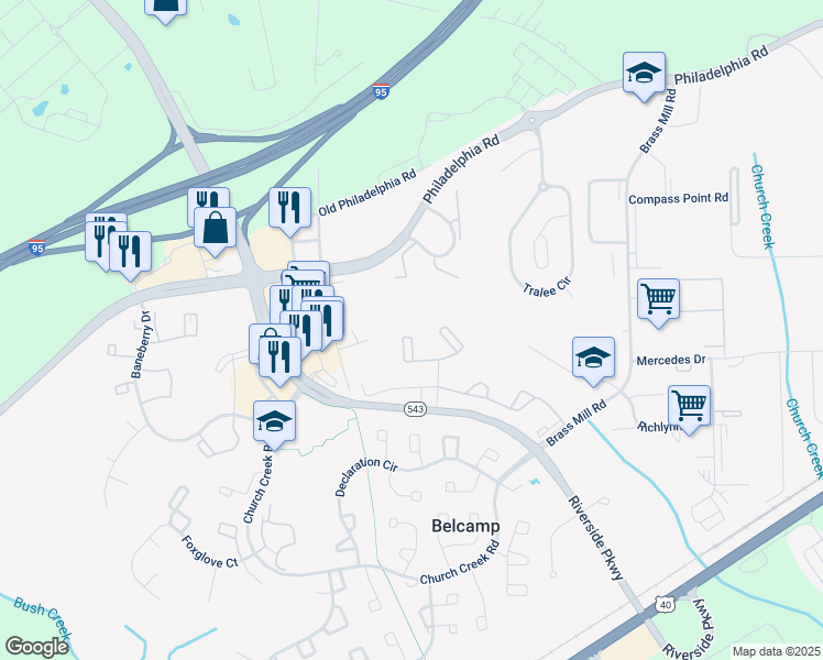 map of restaurants, bars, coffee shops, grocery stores, and more near 4214 Goodson Court in Belcamp