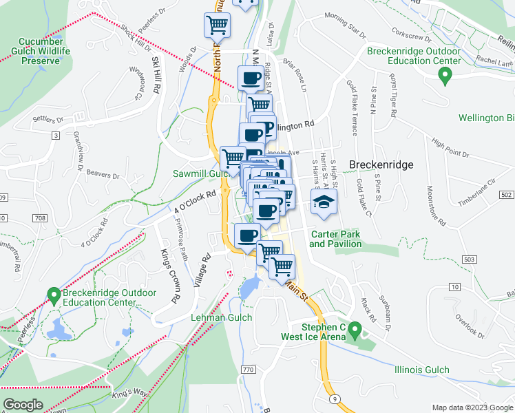 map of restaurants, bars, coffee shops, grocery stores, and more near 229 South Main Street in Breckenridge