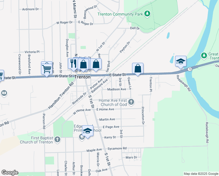 map of restaurants, bars, coffee shops, grocery stores, and more near 208 Madison Avenue in Trenton