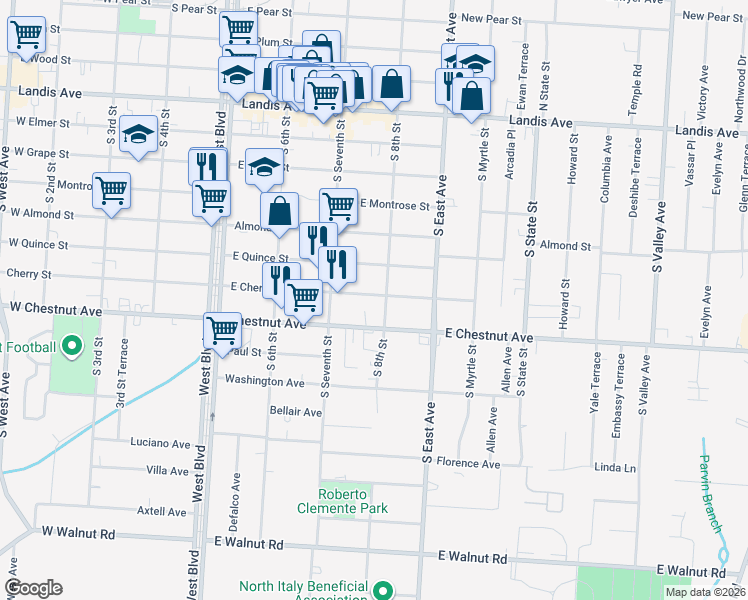 map of restaurants, bars, coffee shops, grocery stores, and more near 520 South 8th Street in Vineland