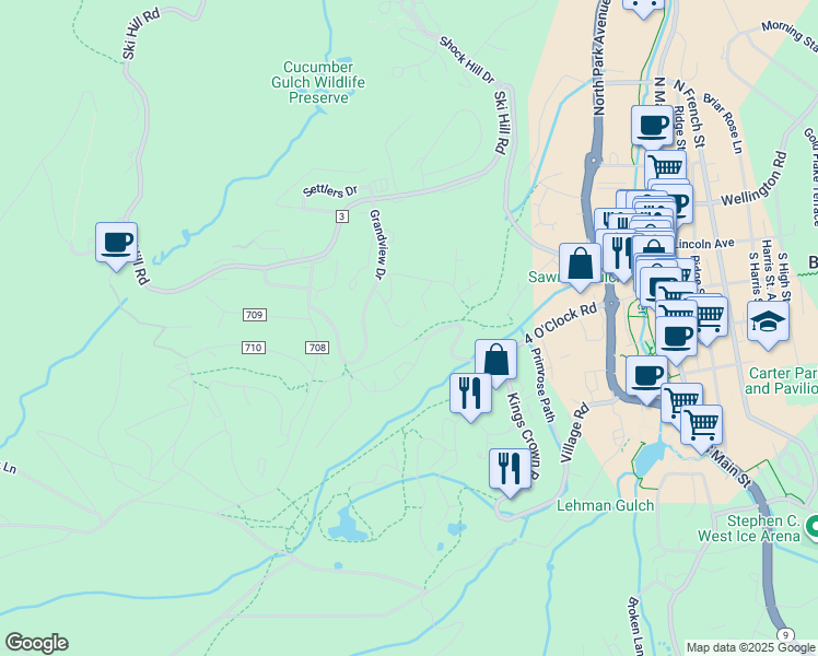 map of restaurants, bars, coffee shops, grocery stores, and more near 122 Tall Pines Drive in Breckenridge