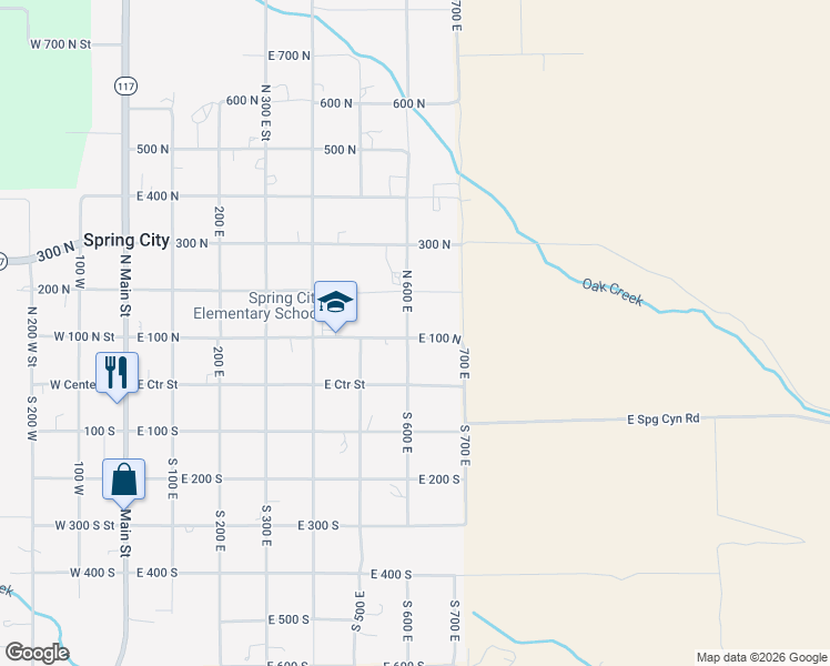 map of restaurants, bars, coffee shops, grocery stores, and more near 615 East 100 North in Spring City