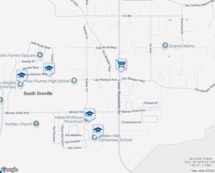 map of restaurants, bars, coffee shops, grocery stores, and more near 0 Las Plumas Way in Oroville