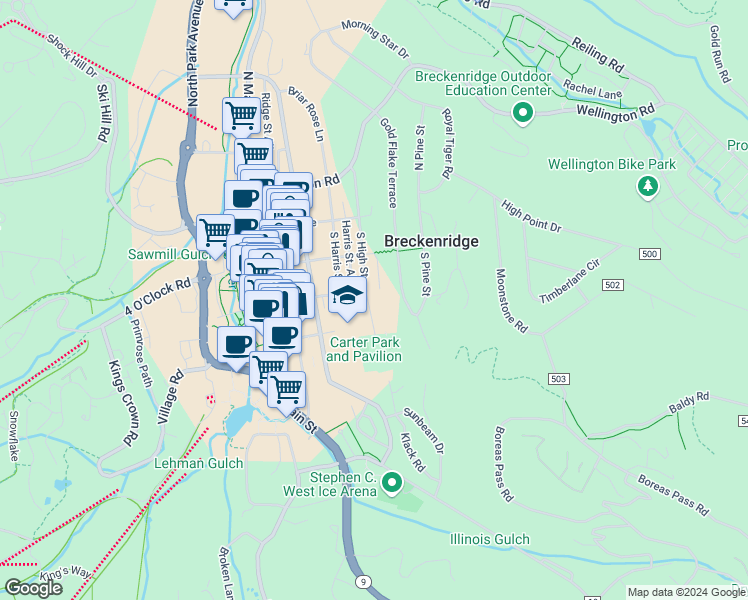 map of restaurants, bars, coffee shops, grocery stores, and more near 250 South High Street in Breckenridge