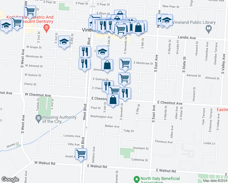map of restaurants, bars, coffee shops, grocery stores, and more near 632 East Cherry Street in Vineland