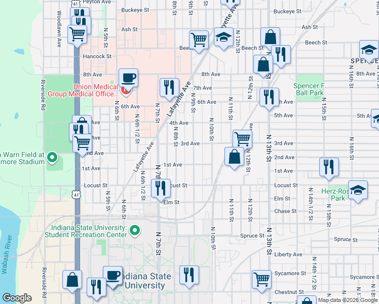 map of restaurants, bars, coffee shops, grocery stores, and more near 823 3rd Avenue in Terre Haute