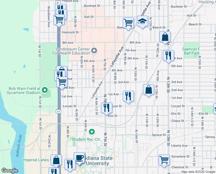 map of restaurants, bars, coffee shops, grocery stores, and more near 715 3rd Avenue in Terre Haute