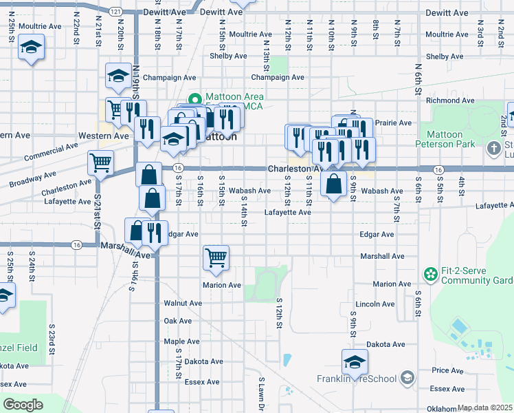 map of restaurants, bars, coffee shops, grocery stores, and more near 312 South 14th Street in Mattoon