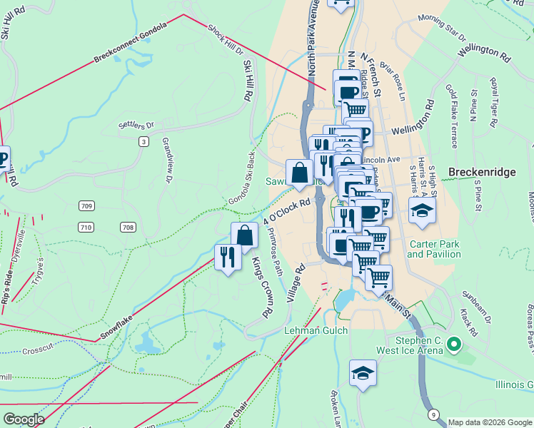 map of restaurants, bars, coffee shops, grocery stores, and more near 500 4 O Clock Road in Breckenridge