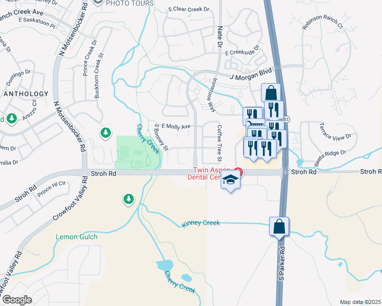 map of restaurants, bars, coffee shops, grocery stores, and more near 19270 East Legend Court in Parker