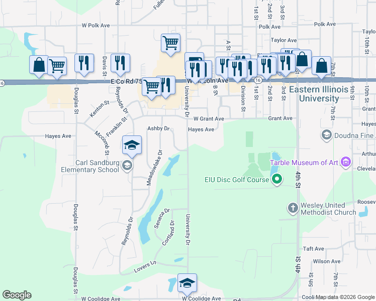 map of restaurants, bars, coffee shops, grocery stores, and more near 1900 University Drive in Charleston