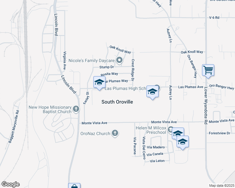 map of restaurants, bars, coffee shops, grocery stores, and more near 0 Las Plumas Way in Oroville