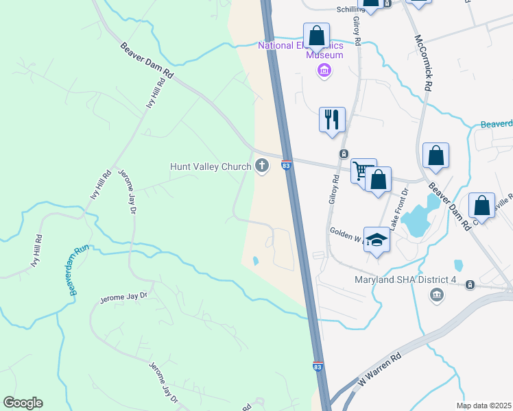 map of restaurants, bars, coffee shops, grocery stores, and more near 13015 Beaver Dam Road in Cockeysville