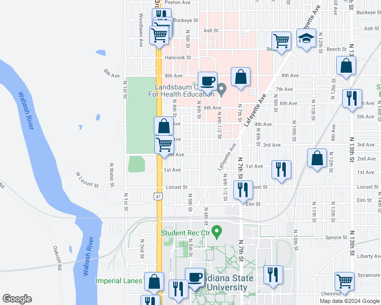 map of restaurants, bars, coffee shops, grocery stores, and more near 438 2nd Avenue in Terre Haute