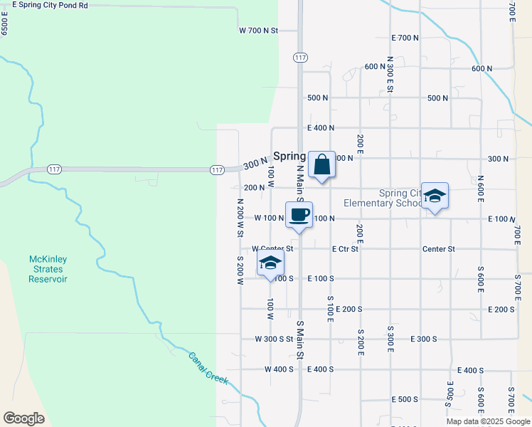 map of restaurants, bars, coffee shops, grocery stores, and more near 116 West 100 North Street in Spring City