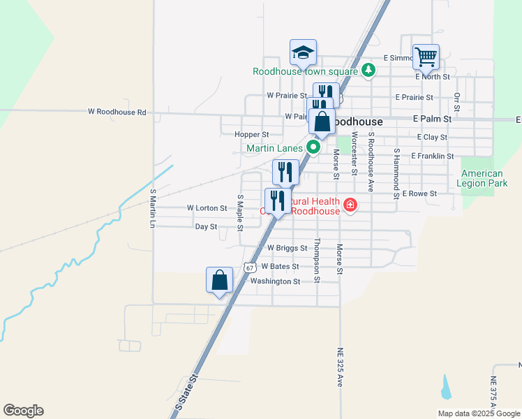map of restaurants, bars, coffee shops, grocery stores, and more near West Lorton Street in Roodhouse