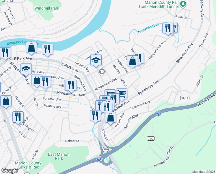 map of restaurants, bars, coffee shops, grocery stores, and more near 138 Coogle Street in Fairmont
