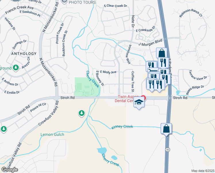 map of restaurants, bars, coffee shops, grocery stores, and more near 13011 South Stuart Way in Parker
