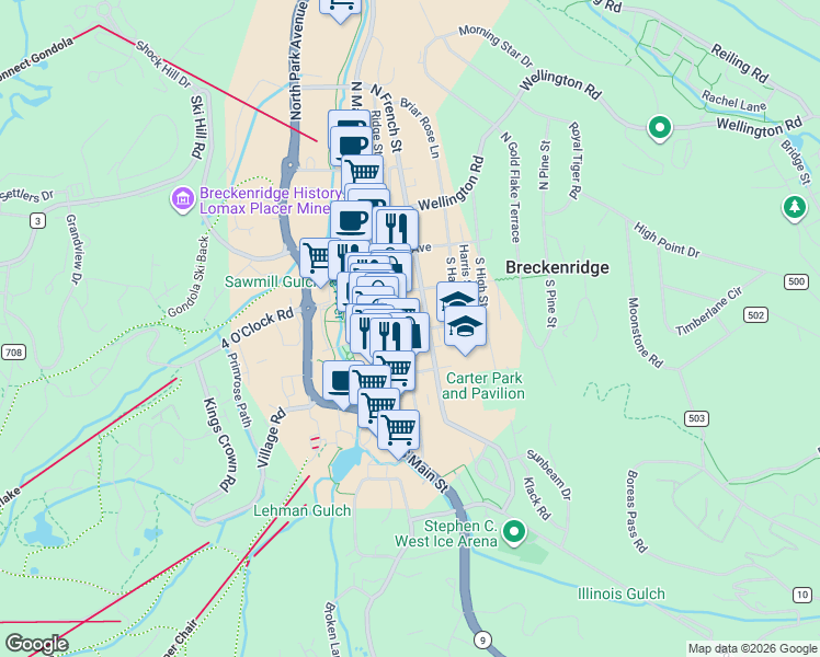 map of restaurants, bars, coffee shops, grocery stores, and more near 224 South Ridge Street in Breckenridge