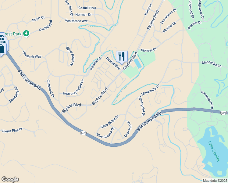 map of restaurants, bars, coffee shops, grocery stores, and more near 3300 Skyline Boulevard in Reno