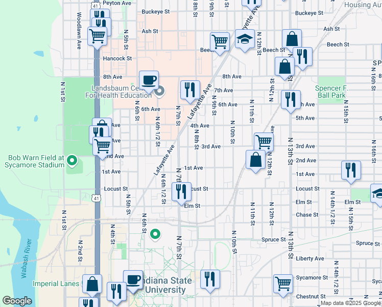 map of restaurants, bars, coffee shops, grocery stores, and more near 715 3rd Avenue in Terre Haute