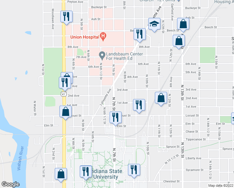 map of restaurants, bars, coffee shops, grocery stores, and more near 715 3rd Avenue in Terre Haute