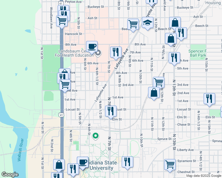 map of restaurants, bars, coffee shops, grocery stores, and more near 715 3rd Avenue in Terre Haute