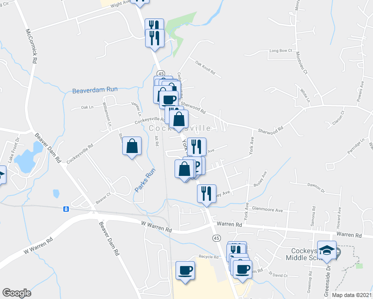 map of restaurants, bars, coffee shops, grocery stores, and more near York Road in Cockeysville