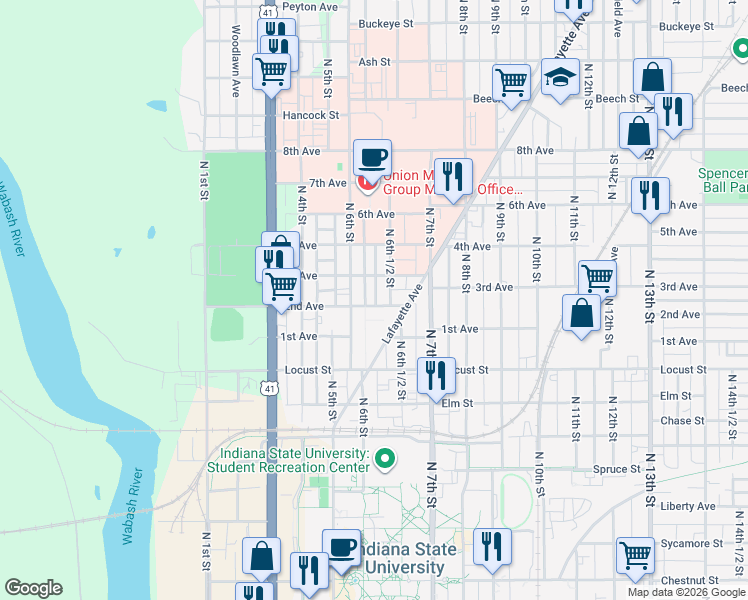 map of restaurants, bars, coffee shops, grocery stores, and more near 624 2nd Avenue in Terre Haute
