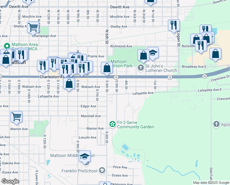 map of restaurants, bars, coffee shops, grocery stores, and more near 516 Lafayette Avenue in Mattoon